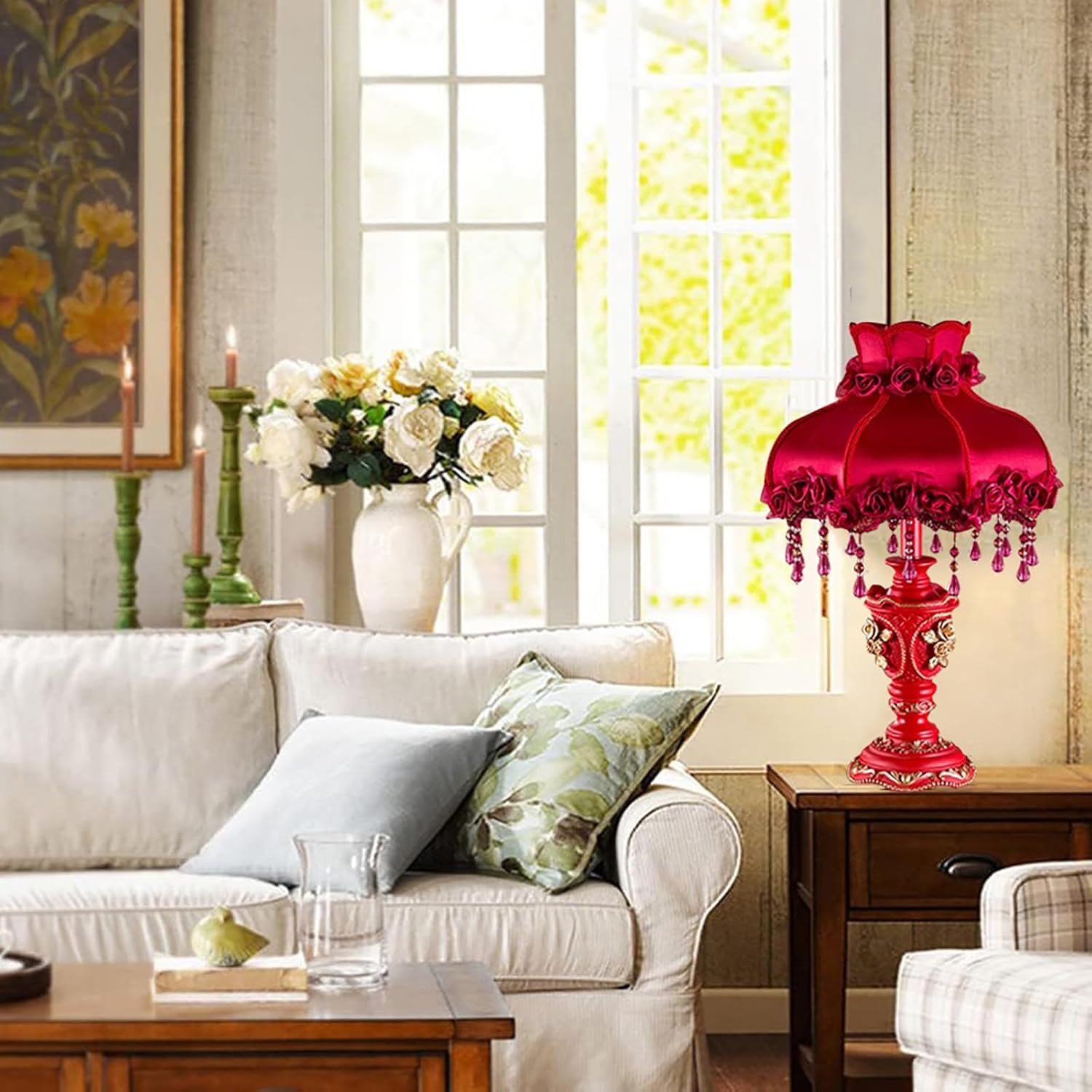 Victorian Lamp Antique Table Lamp,Vintage Fringe Lamp with Shade,European Pastoral Night Stand Flower Lamp Table Light for Bedroom Living Room(11.8' D x 11.8' W x 20.5' H, Red)