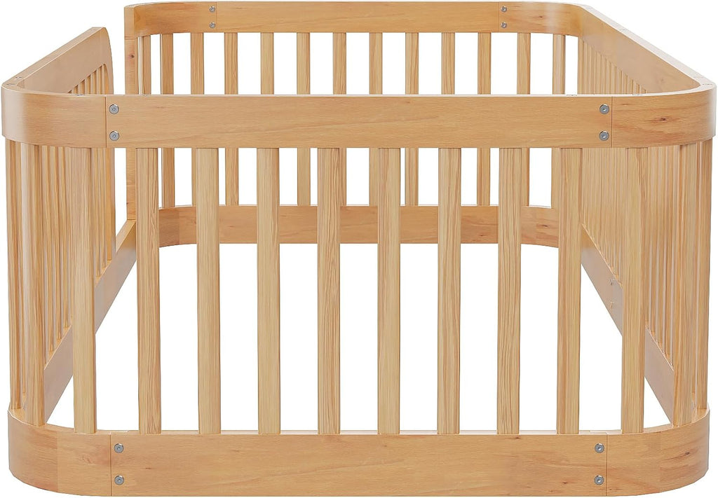 JIVOIT Twin Size Floor Bed Frame with Fence, Wood Montessori Floor Bed with Safety Guardrail, Easy Assembly (Natural/124)