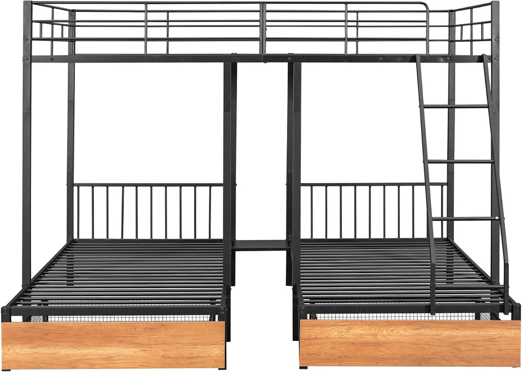 DEINPPA Triple Bunk Bed with Drawers, Can Be Separated into 3 Beds, Full Over Twin & Twin Bunk Bed,Metal Bed for Adult Kids Student Dormitory Bedroom Furniture Set, Black