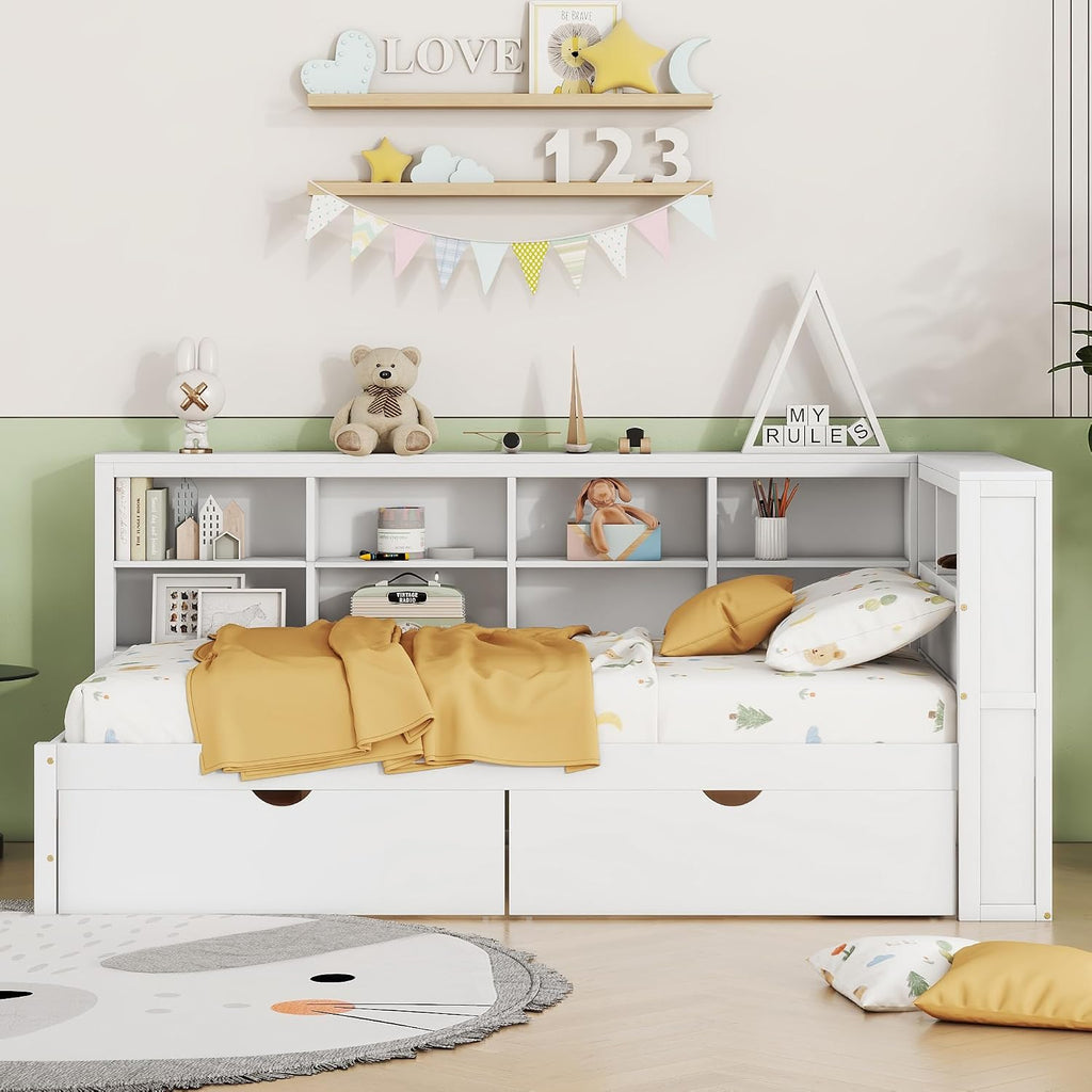 Twin Size Daybed with 2 Drawers,Minimalist Wooden Sofa Bed Frame with Storage Shelf and USB Charging Ports for Bedroom, Studyroom, Guestroom, Livingroom (White-wd56)
