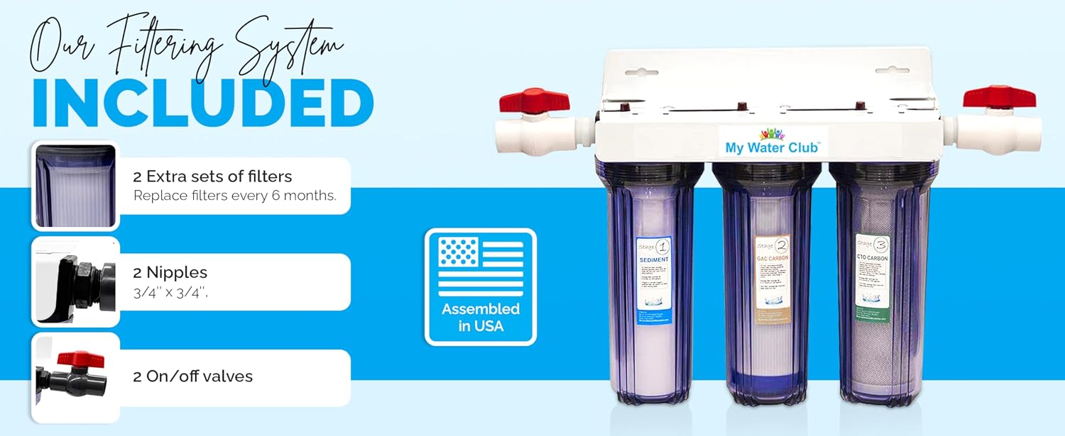 Whole House 3-Stage Water Filtration System, 3/4' port with 2 valves and extra 1 year filter supply (2 sets, 6 pcs)