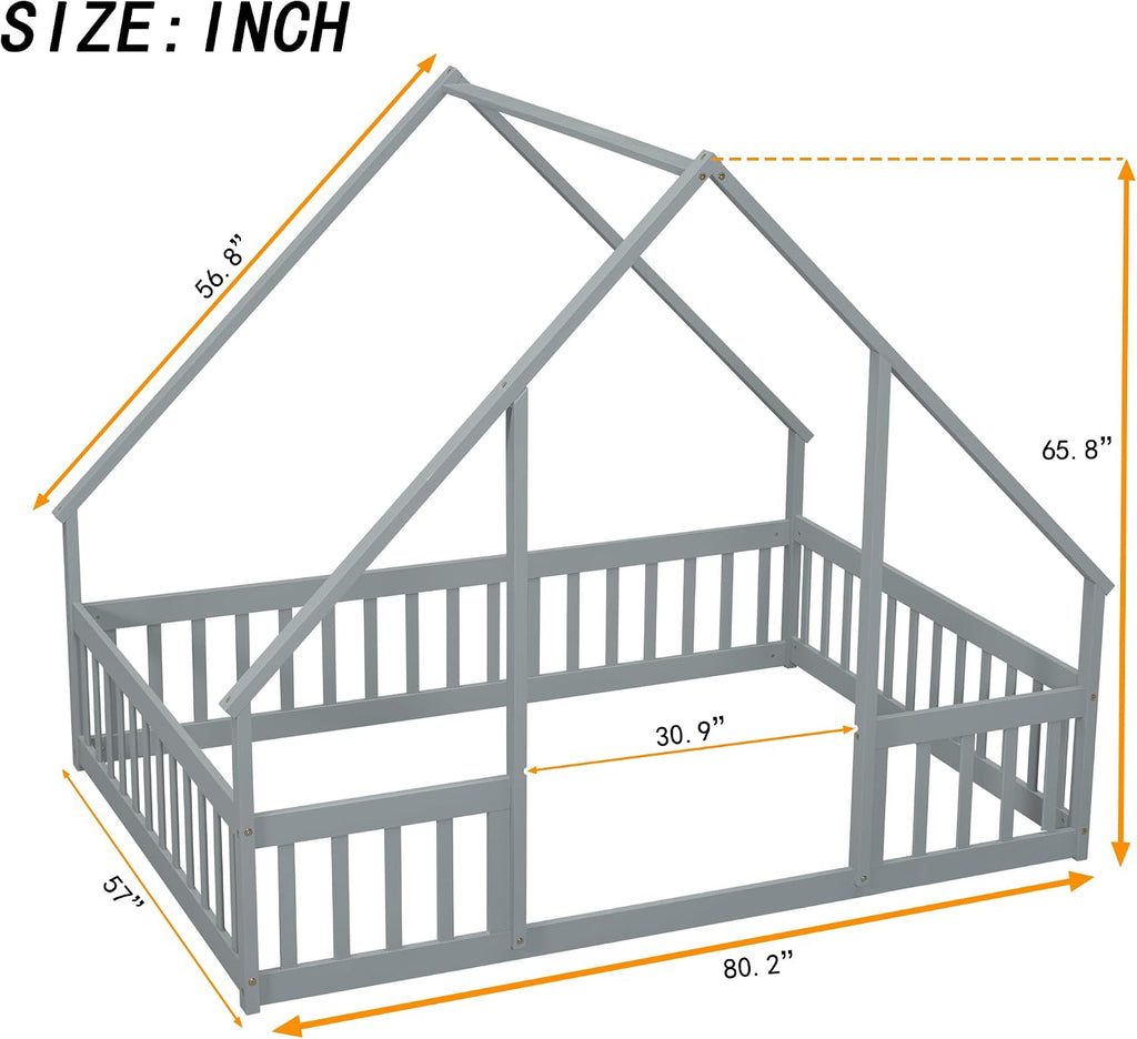 JIVOIT House Bed Full Size Floor Bed, Full Wood House-Shaped Floor Bed with Fence and Guardrails, Wood House Roof Frame, Montessori Floor Bed Frame (Grey-Full,129)