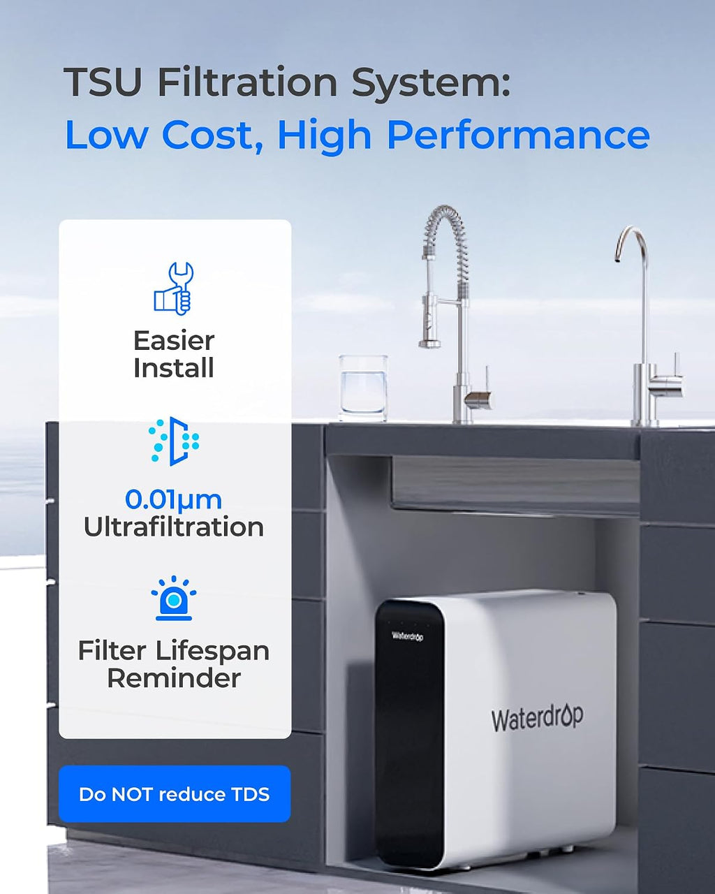 Waterdrop TSU 0.01 Micron Ultra Filtration Under Sink Water Filter System, 3-Stage Tankless Under Sink Water Filtration System with Faucet, Smart Panel, Not Lower TDS, Drilling Required