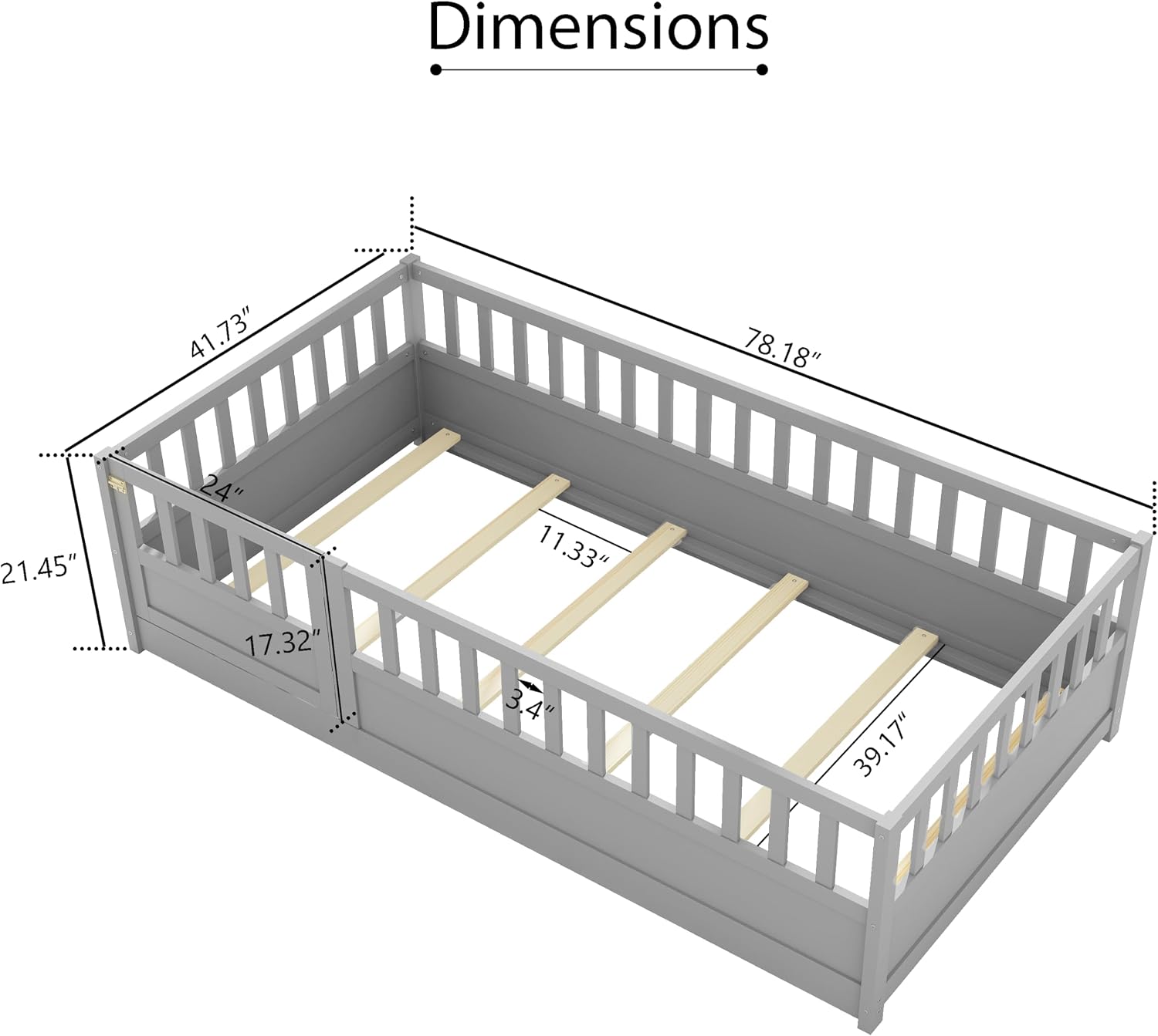 Twin Size Floor Bed with High Fence, Door and Slats, Twin Floor Bed with Slats(Gray Twin)