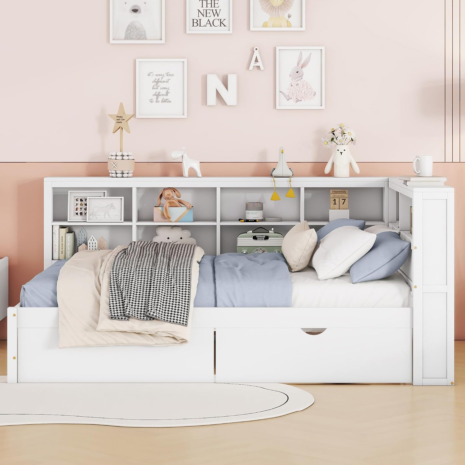 Full Size Daybed with 2 Drawers,Minimalist Wooden Sofa Bed Frame with Storage Shelf and USB Charging Ports for Bedroom, Studyroom, Guestroom, Livingroom (White-WD54)