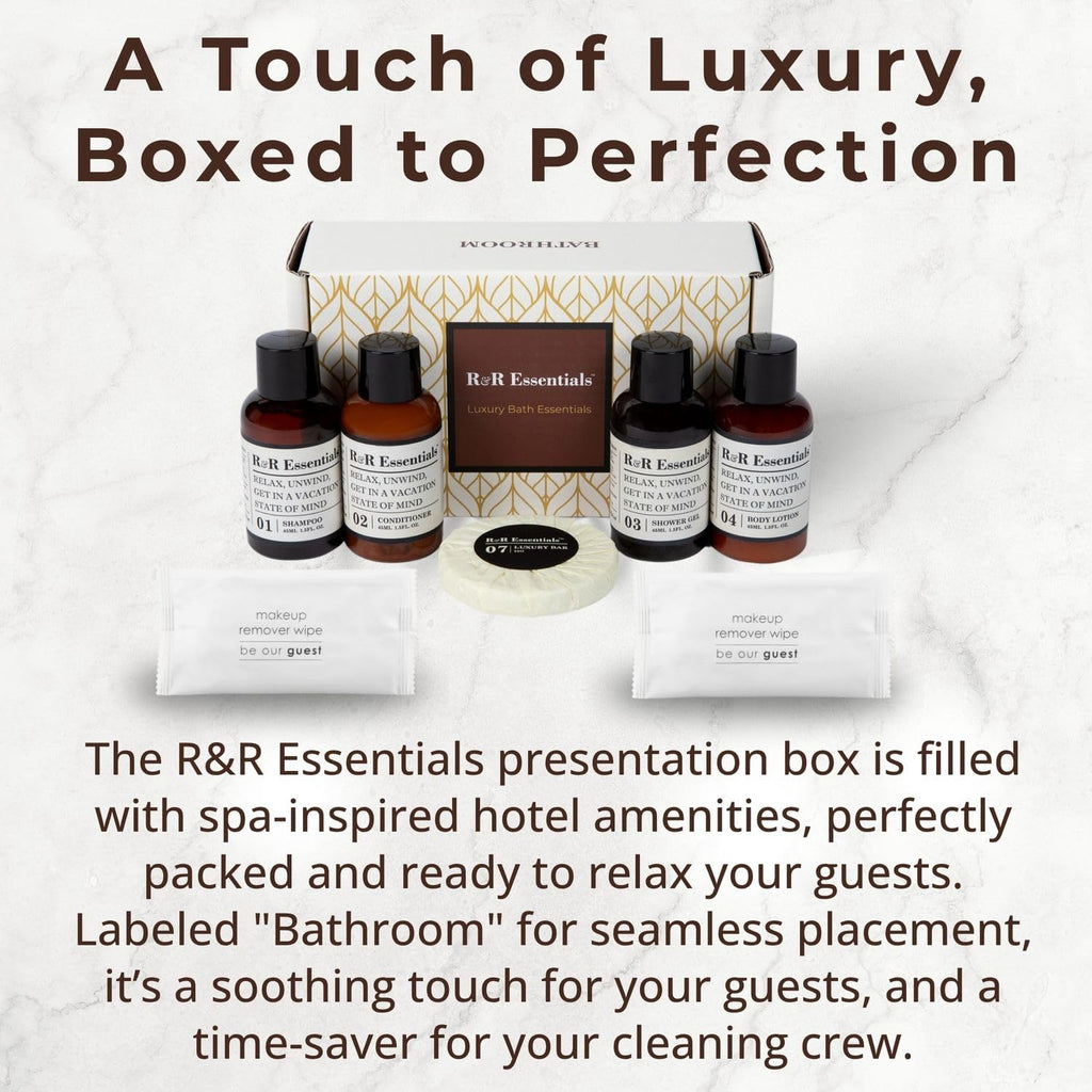20 Display Ready Boxed Amenity Kits with Premium Hotel Toiletry Essentials - 1.5 oz Shampoo, Conditioner, Shower Gel, Lotion, 1.2 oz Guest Soap & 2 Makeup Remover Wipes - Air bnb & Vacation Rentals