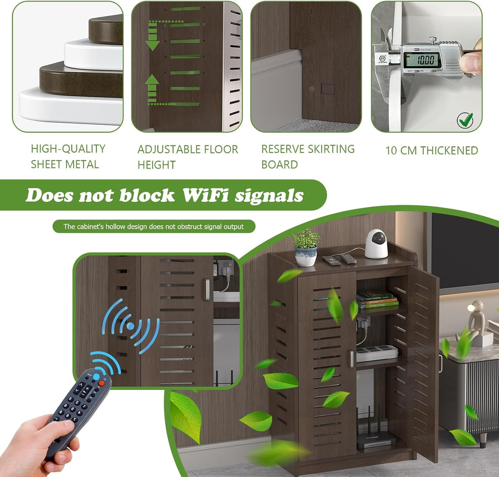 Large WiFi Router Cabinet 20''x31''x10'' Floor Standing Modem Organizer with Cable Management, White Electronics Enclosure for Power Strips & Network (Brown)