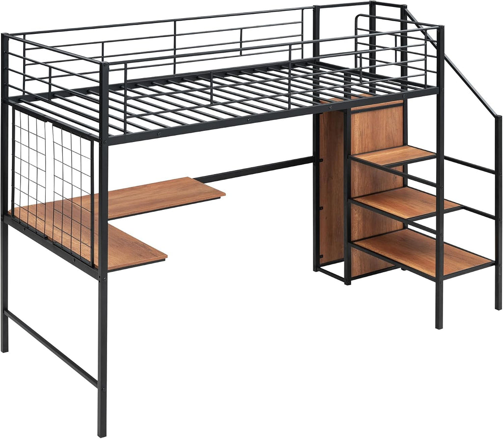 JIVOIT Twin Size Metal Loft Bed with L-Shape Desk and Wardrobe, Stylish Metal Frame Bed with Lateral Storage Ladder and Metal Grid, 3-Layers Storage Shelves, Space Saving Design (Black-Wardrobe,Twin)
