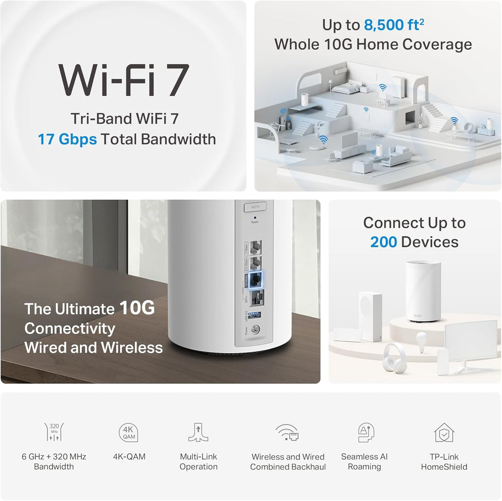TP-Link Deco 7 Pro BE17000 Tri-Band Wi-Fi 7 Whole Home Mesh System | 9-Stream 17Gbps | 10G RJ45/SFP+ Combo | Multi-Gig Wired Backhaul | Up to 6,300 Sq.ft | HomeShield, MLO, 320 MHz (Deco BE77 2-Pack)