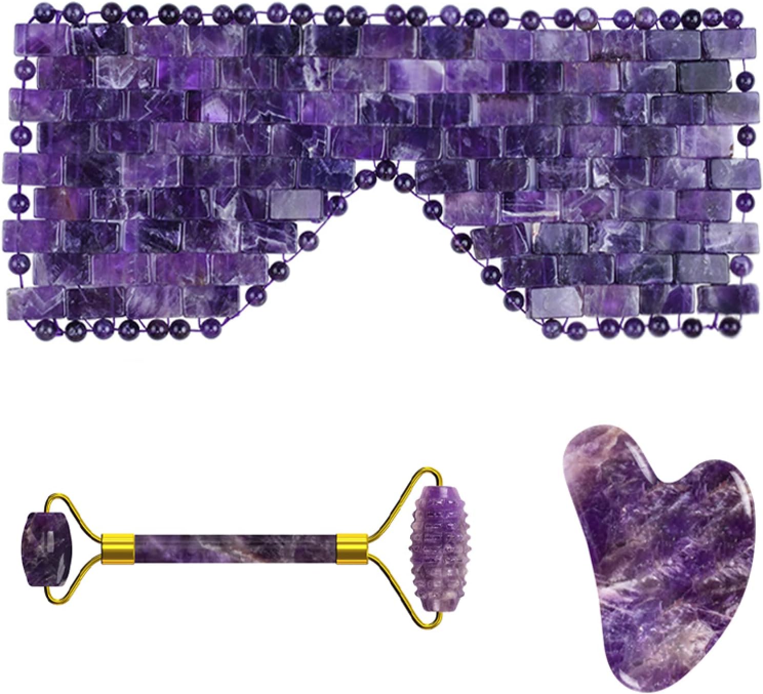 Amethyst Jade Roller Gua Sha Board for Face Lifting Natural Purple Crystal Eye Mask Facial Skin Care Tool,3in1 Set-Ci-VL