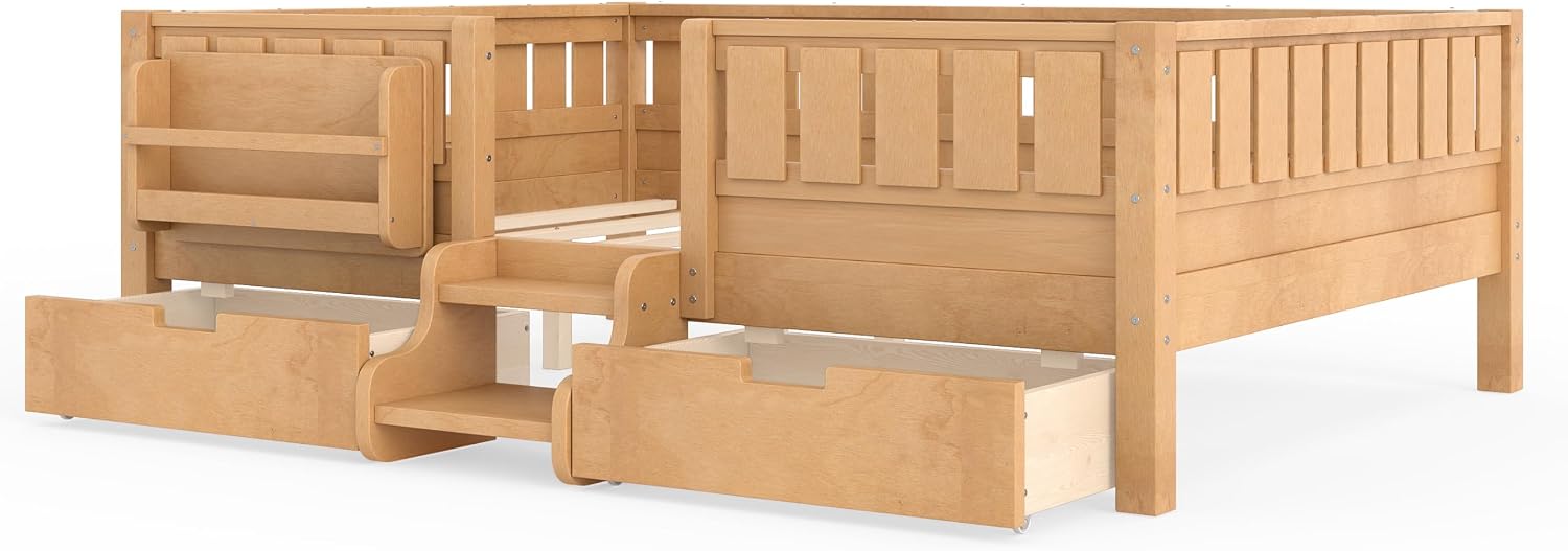 Bellemave Full Kids Montessori Bed with Stairs, Bookshelf and Drawers, Solid Wood Kids Bed Frame with Storage for Boys Girls, Low Profile,Light Natural