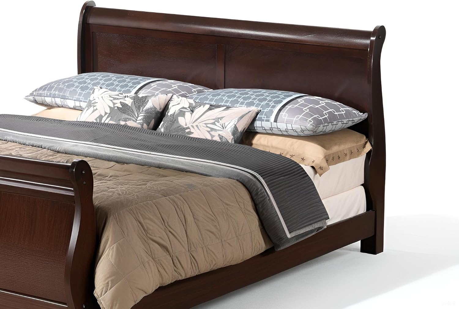 GDFStudio Queen Size Wood Platform Bed Frame, Classic Sleigh Design with Curved Trim & Wood Posts,Easy Assembly, Box Spring Required,Timeless Elegant Bedroom Furniture,Cappuccino