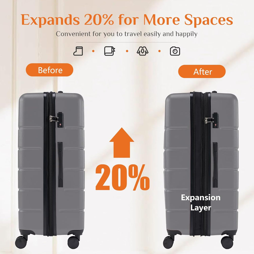 Sweetcrispy 3 Piece Luggage Set, ABS Hard Shell Carry On Suitcase with Smooth Spinner Wheels and TSA Lock, Lightweight Rolling Travel Luggage 20/24/28 Inch for Travel Business Vacation, Dark Grey