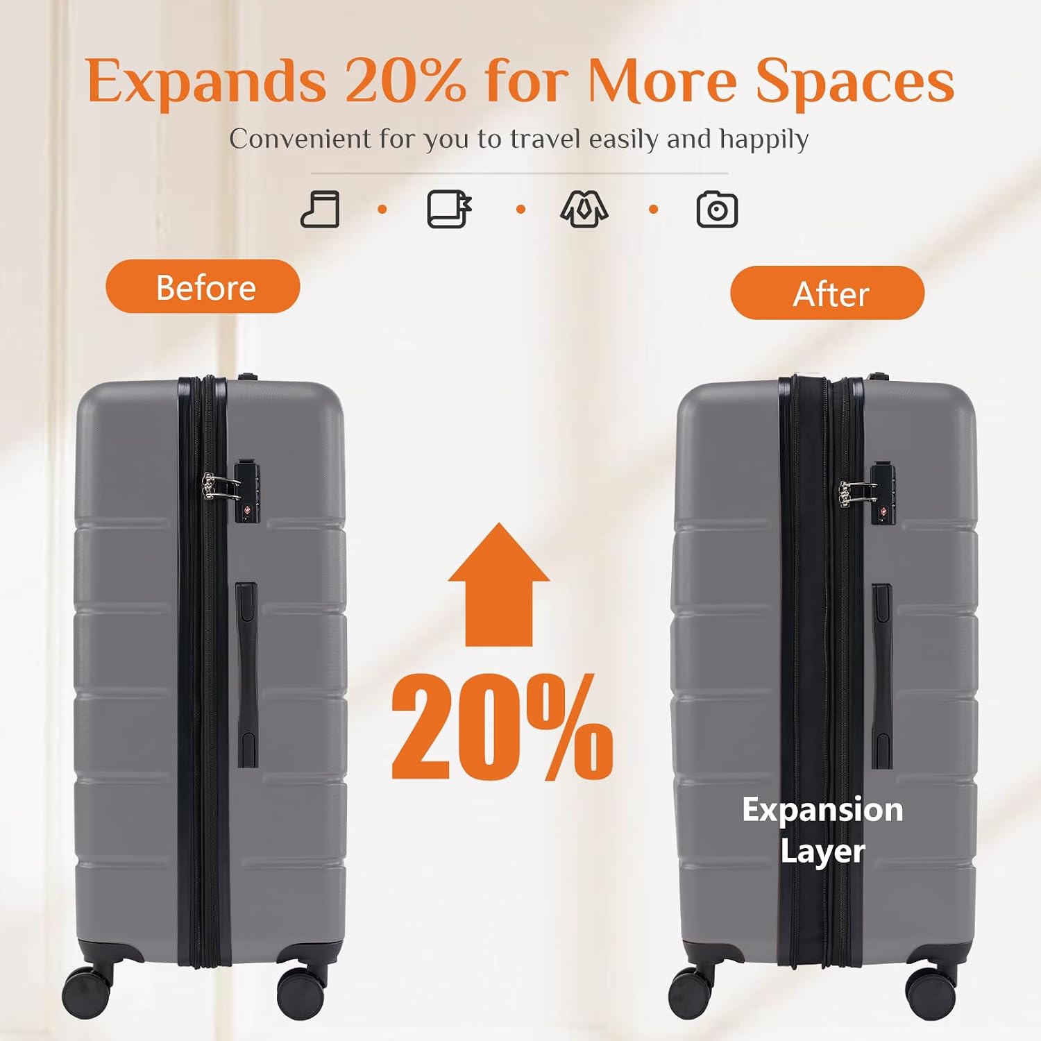 Sweetcrispy 3 Piece Luggage Set, ABS Hard Shell Carry On Suitcase with Smooth Spinner Wheels and TSA Lock, Lightweight Rolling Travel Luggage 20/24/28 Inch for Travel Business Vacation, Dark Grey