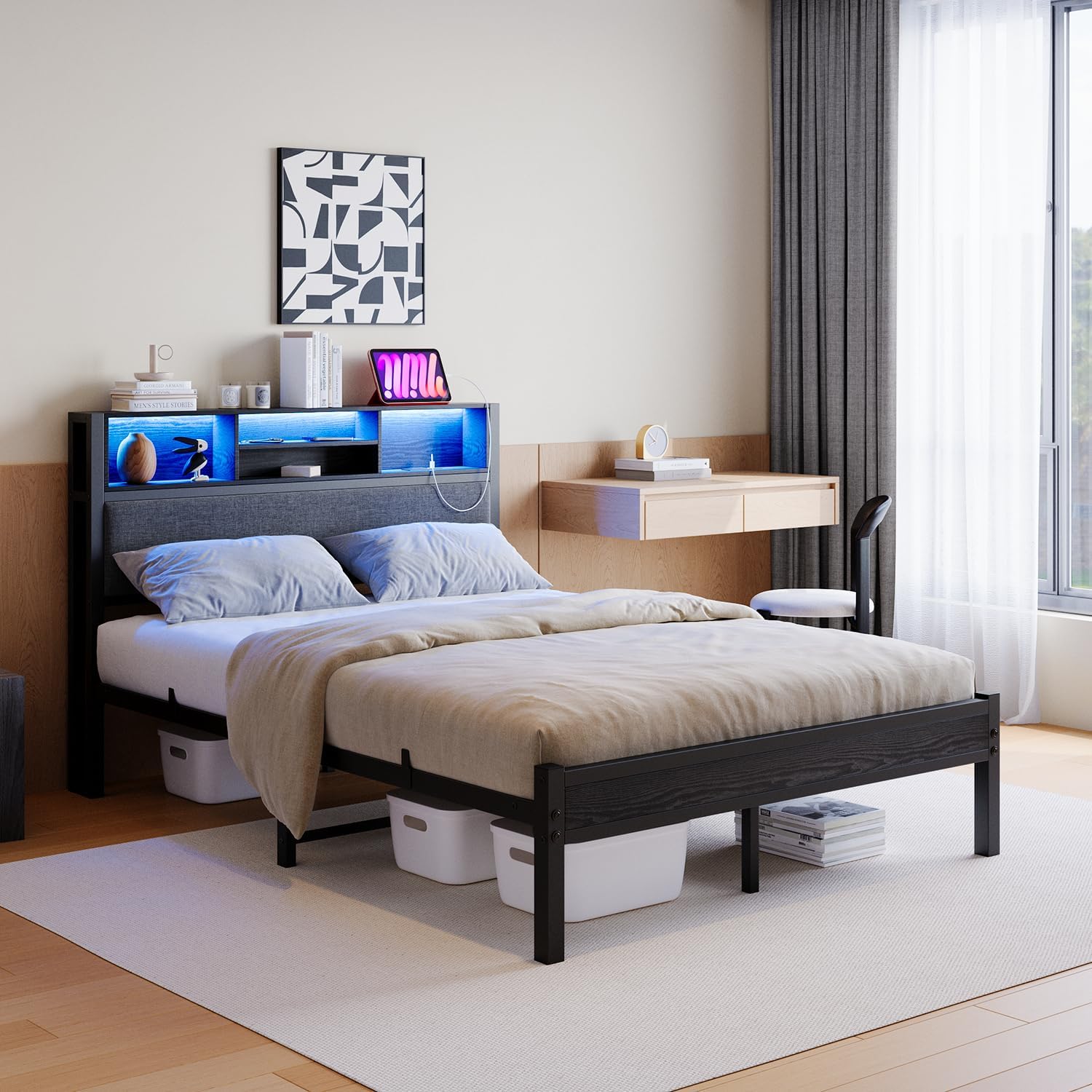 Full Size Bed Frame with Upholstered Headboard and Storage Shelves, Bed Frame with Charging Station and LED Lights,Metal Platform Bed Frame,No Box Spring Needed,Noise Free,Easy Assembly,Black