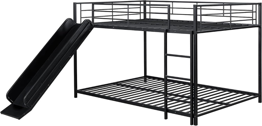 JIVOIT Metal Bunk Bed Frame with Slide and Ladder, Full Over Full Bunk Bed Size with Metal Slats Support, Full-Length Guardrail, Heavy Duty Metal Low Bunk Bed, No Box Spring Needed (Black,Full,09)