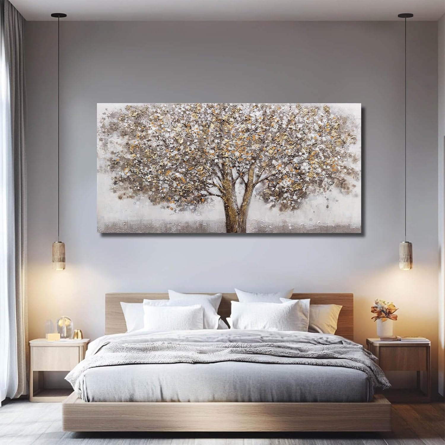 CHUDANHAO Large Canvas Wall Art Decorative Paintings Grey Room Decor Gold Tree Picture Scenery Artwork for Living Room Bedroom Hotel 29'x58'