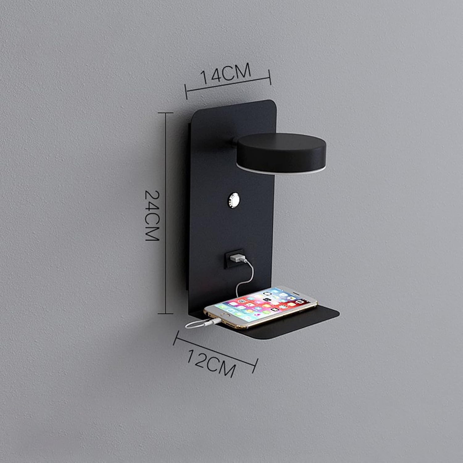 USB Charging Wall Sconces, Dimmable Wall Lamp Fixture with Phone Holder Shelf, 350° Rotation Wall Light with Button On/Off Switch, 12W Rotatable Wall Mount Lighting(Black,Small)