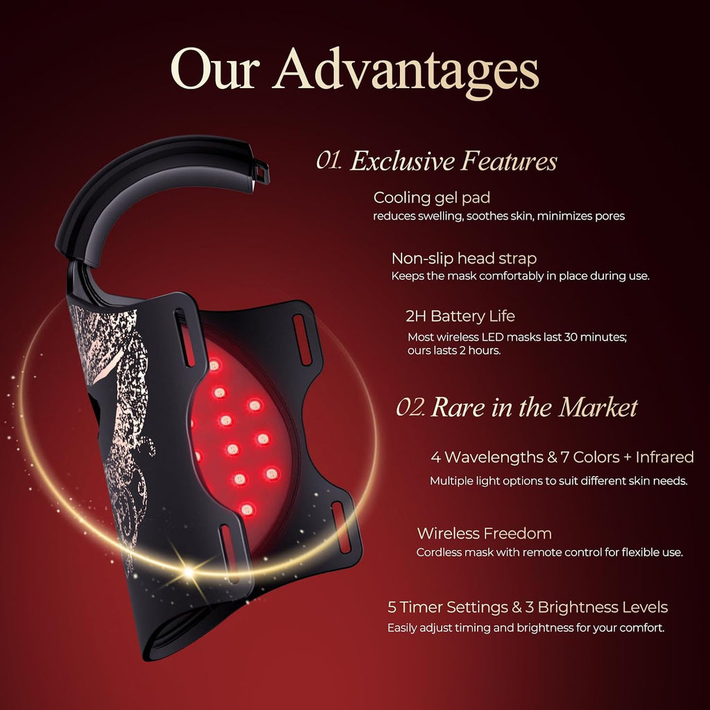 Red Light Therapy Mask for Face, 7-in-1 LED Face Mask with 850nm NIR, Rechargeable Red Light Face Mask with Wireless Remote & Timer, Portable LED Light Therapy Mask for Home & Travel