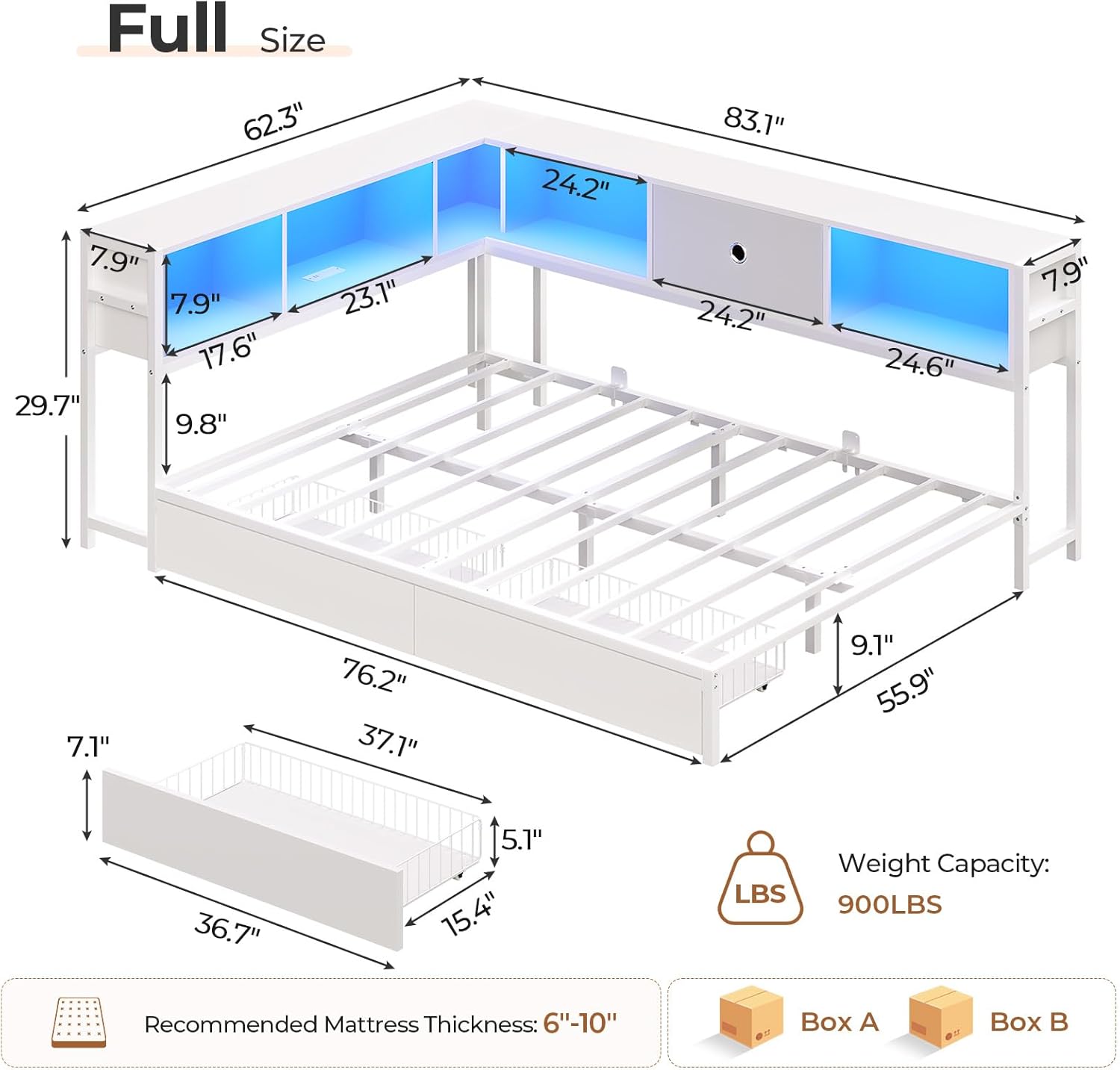 Hasuit Corner Full Bed Frame with Storage Drawers and Bookcase Headboard, Full Size Metal Platform Corner Bed Frame with Charging Station and LED Lights, Full Daybed for Kids Teens Guests, White