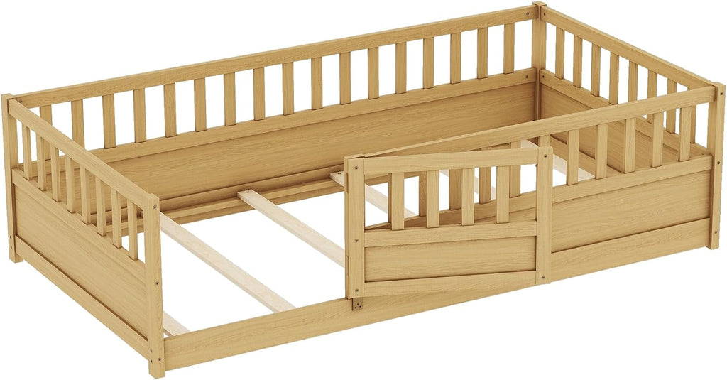 Bellemave Twin Size Floor Bed with Fence and Door, Montessori Floor Bed with Slats, Twin Size Montessori Beds for Kids, Girls, Boys, Natural