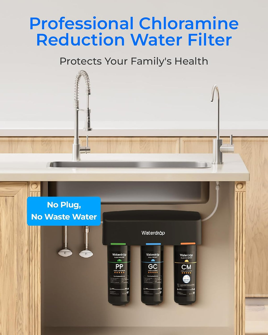 Waterdrop TSB-10-CM Under Sink Water Filter System Reduce Chloramine, Chlorine for CA, FL and Washington, D.C., Under Sink Water Filtration System with Brushed Nickel Faucet,NSF/ANSI 42 Certified