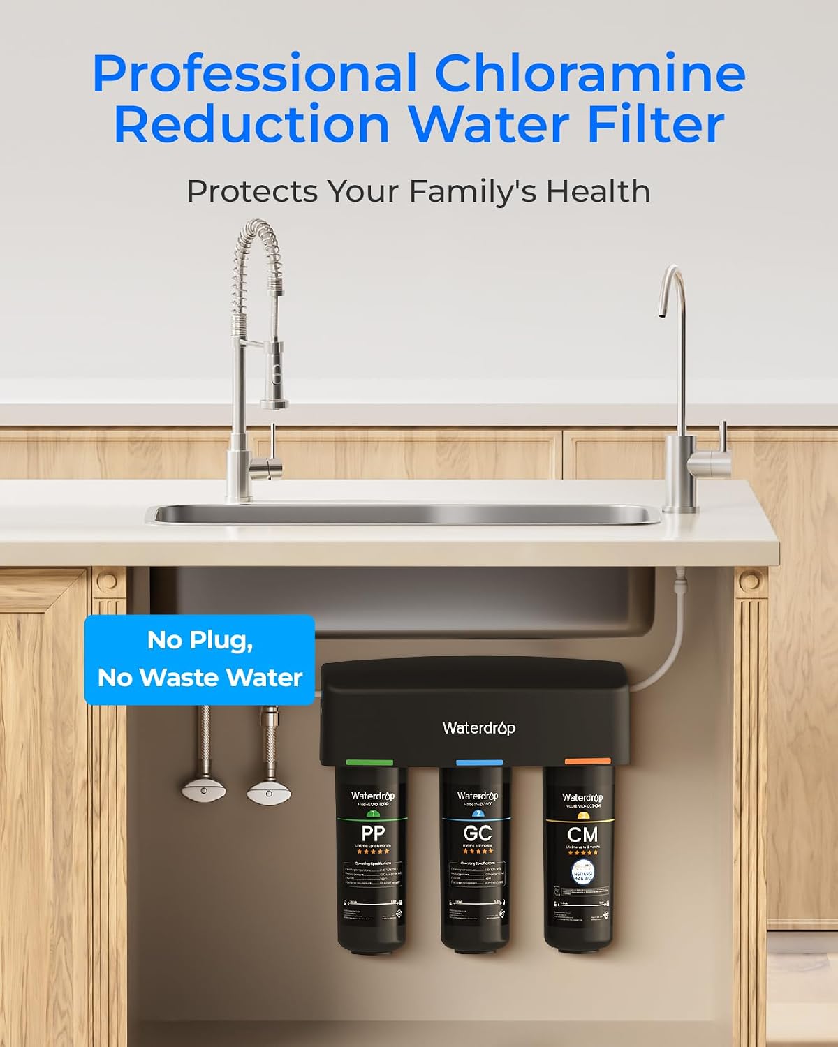 Waterdrop TSB-10-CM Under Sink Water Filter System Reduce Chloramine, Chlorine for CA, FL and Washington, D.C., Under Sink Water Filtration System with Brushed Nickel Faucet,NSF/ANSI 42 Certified