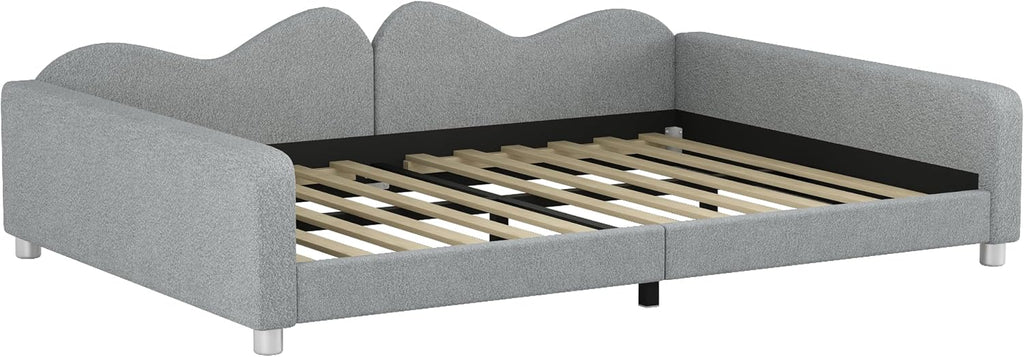 Upholstered Daybed, Sherpa Fabric Sofabed with Cloud-Shaped Backrest, No Box-Spring Needed, Full Size, Gray