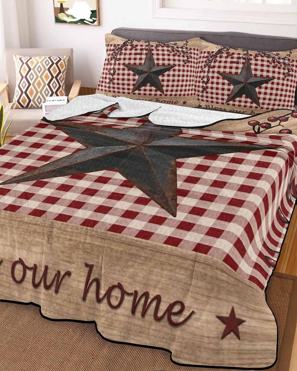 Quilt King Size Bedding Set, Texas Star Farmhouse Lightweight Summer Quilt 3 Pieces Bedding Sets, Rustic Red Plaid Berry Wooden Reversible Soft Bedspreads Coverlets with 2 Pillow Shams for All Season