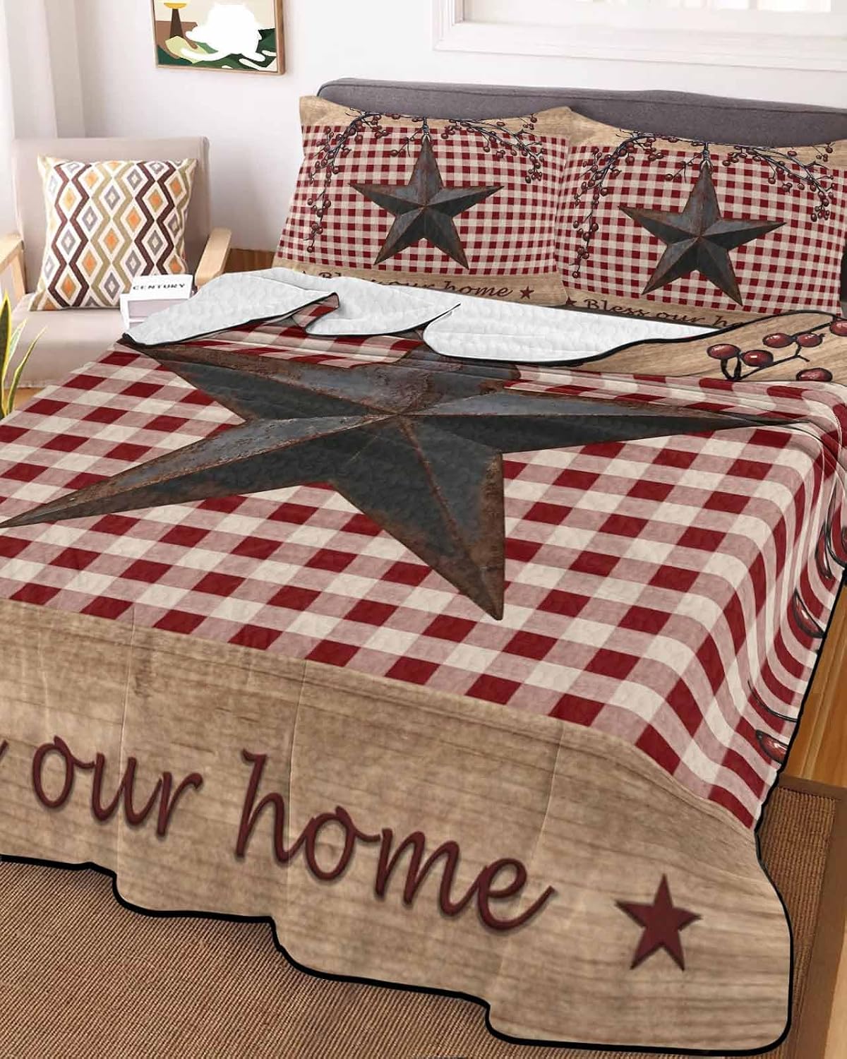Quilt King Size Bedding Set, Texas Star Farmhouse Lightweight Summer Quilt 3 Pieces Bedding Sets, Rustic Red Plaid Berry Wooden Reversible Soft Bedspreads Coverlets with 2 Pillow Shams for All Season