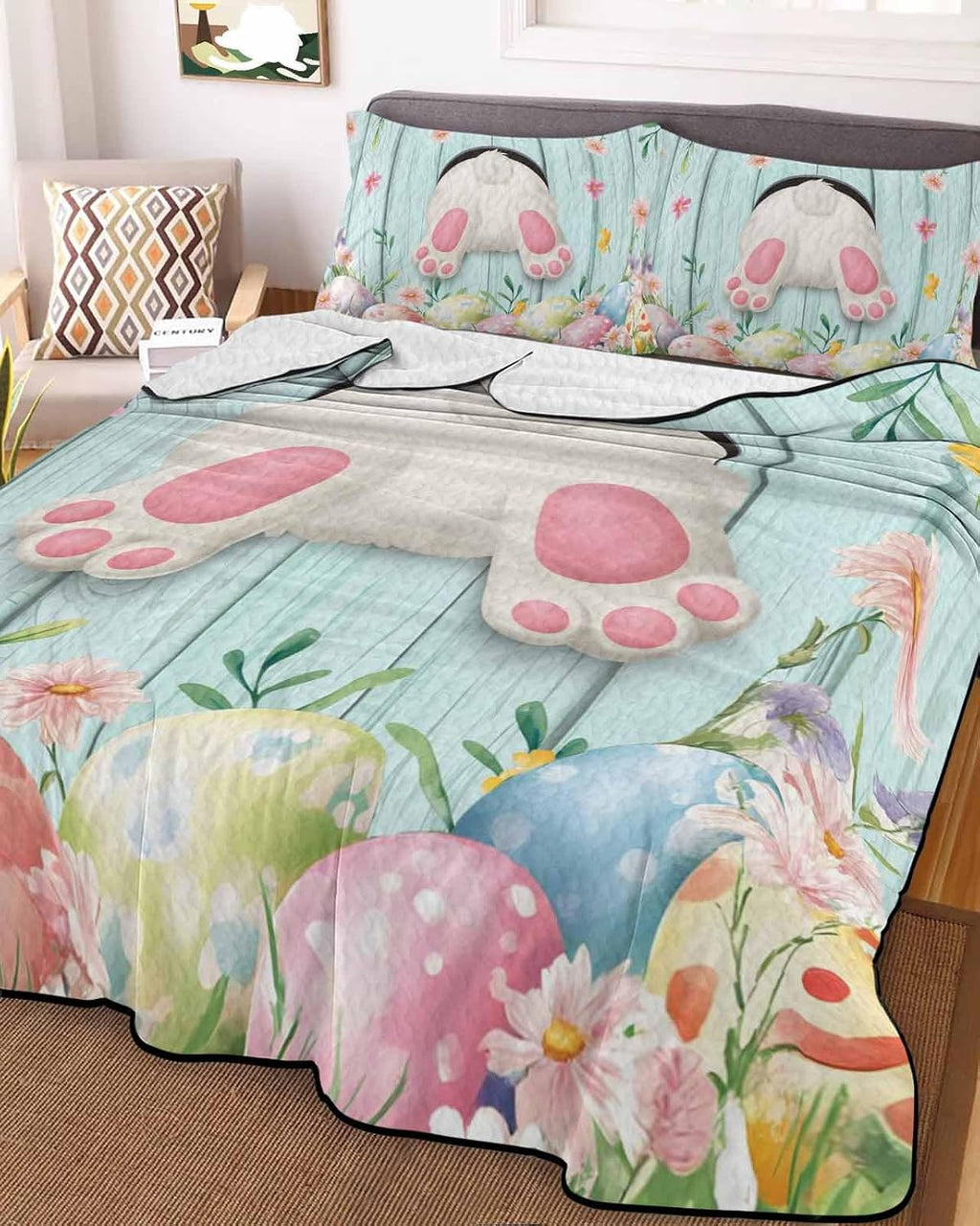 Quilt King Size Bedding Set, Easter Lightweight Summer Quilt 3 Pieces Bedding Sets, Spring Rabbit Feet Eggs Flower Green Wooden Grain Reversible Soft Bedspreads Coverlets with 2 Pillow Shams