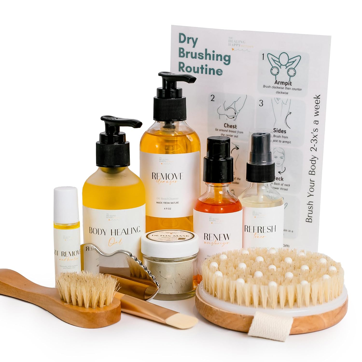 Healing Happy Method 11-Piece Skincare Set for Men and Women – Organic Natural Cleanser, Moisturizer, Toner, Gua Sha, Dry Brushes, Clay Mask and Zit Stick