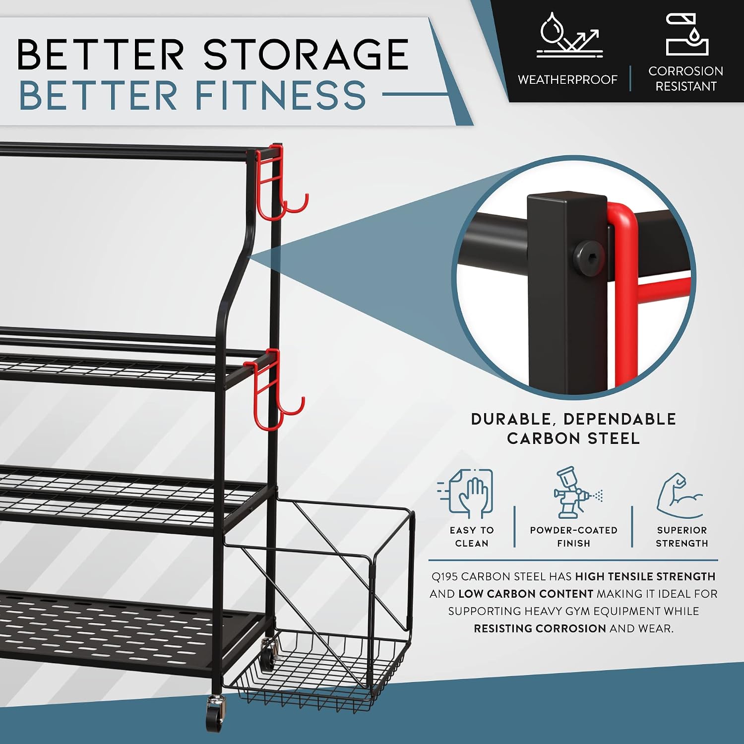 Cascina Home Gym Storage Rack - Weight Rack for Dumbbells, Kettlebells, Foam Roller, Resistance Bands and Yoga Mat Storage Holder - Exercise Workout Equipment Storage Organizer with Hooks and Wheels