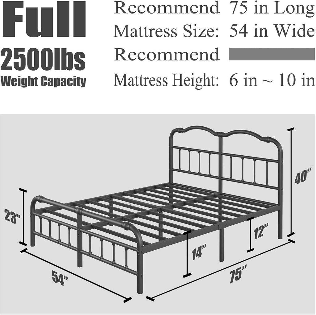14 Inch Metal Bed Frame, with Headboard and Footboard, No Box Spring Needed, Black (Full)