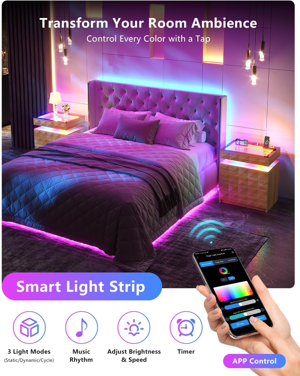 Night Stand Set 2 with Charger Station & RGB Lights, 3 Drawers Bedside Table with Sliding Top, Modern Night Stands with Human Body Sensor for Bedroom, Wood