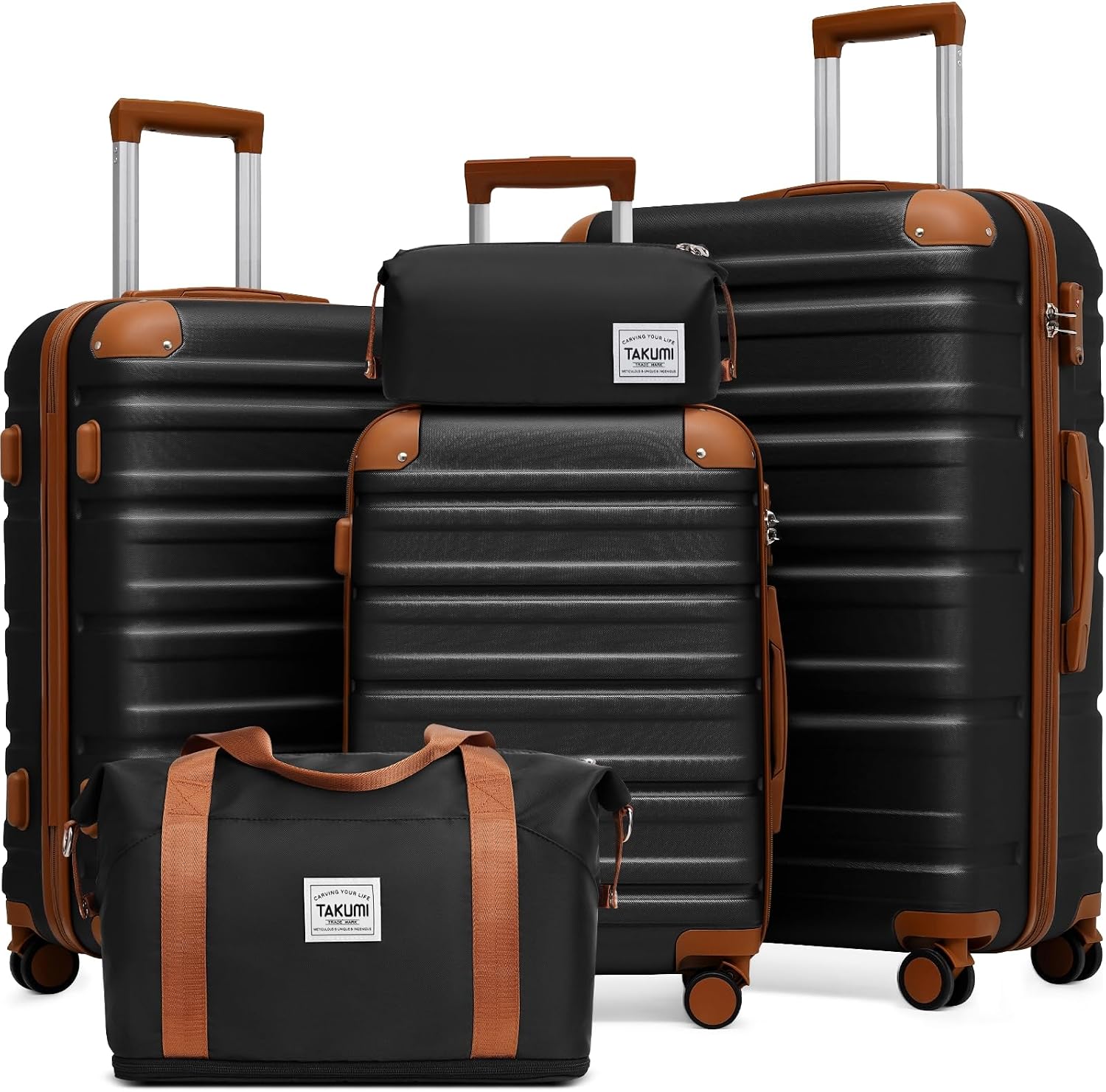 TAKUMI Luggage Sets 5 Piece Lightweight Carry On luggage with Duffel Bag ABS+PC Hardshell Suitcases with YKK zippers Double Spinner Wheels Travel Luggage with TSA Lock(BLACK BROWN, 5 PIECE SET)