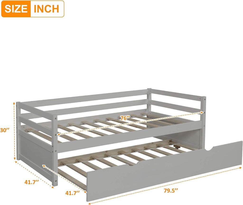 Knocbel Solid Wood Daybed and Trundle Set Mattress Foundation Platform Bed Frame with Slats Support, Twin (Gray)