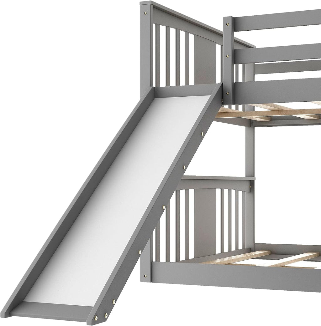 Bellemave Floor Bunk Bed with Slide, Twin Over Twin Wooden Low Bunk Bed with Slide and Ladder, for Boys Girls (Grey)