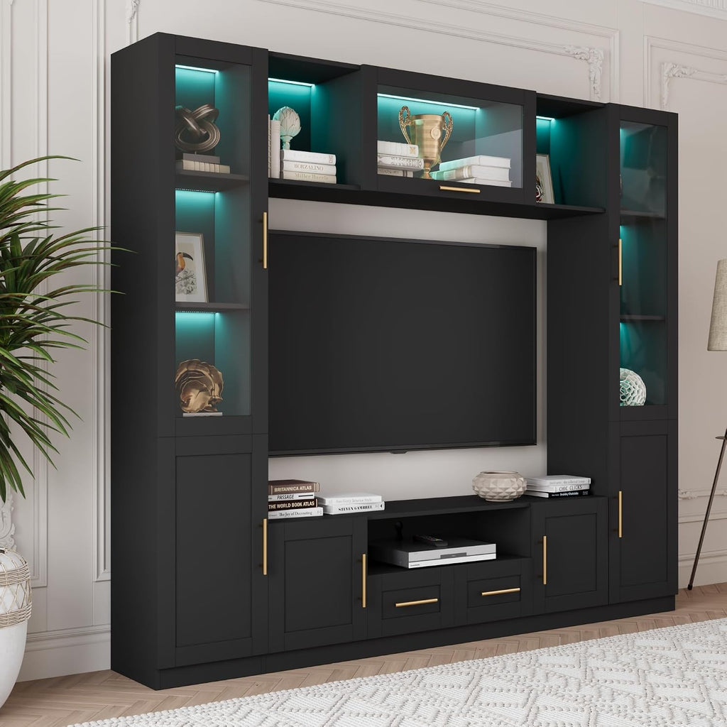 Bobve 94' Wall Unit Entertainment Center for TVs up to 70',Modern TV Console with APP LED Lights,Multifunctional TV Stand with Tempered Glass Door,Drawers & Shelves for Living Room,Black
