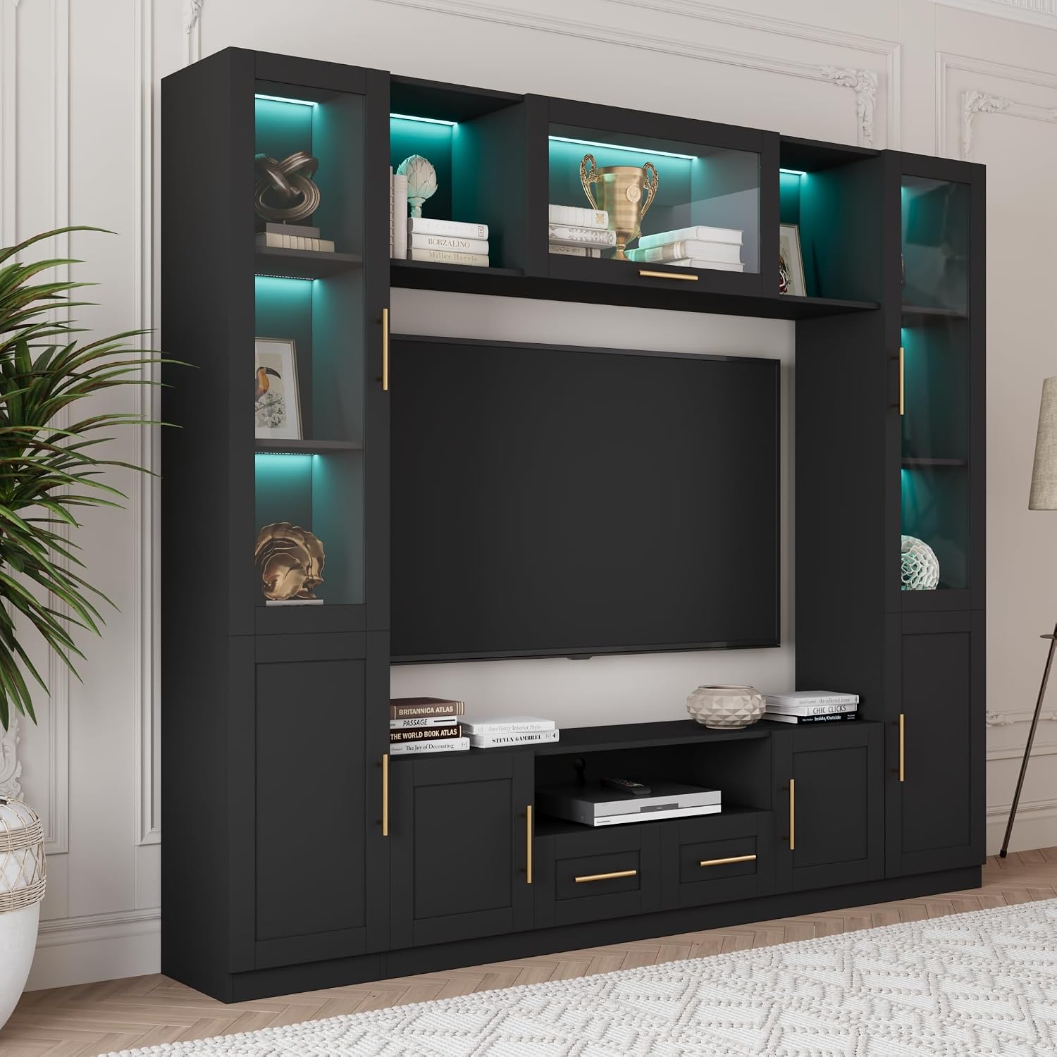 Bobve 94' Wall Unit Entertainment Center for TVs up to 70',Modern TV Console with APP LED Lights,Multifunctional TV Stand with Tempered Glass Door,Drawers & Shelves for Living Room,Black