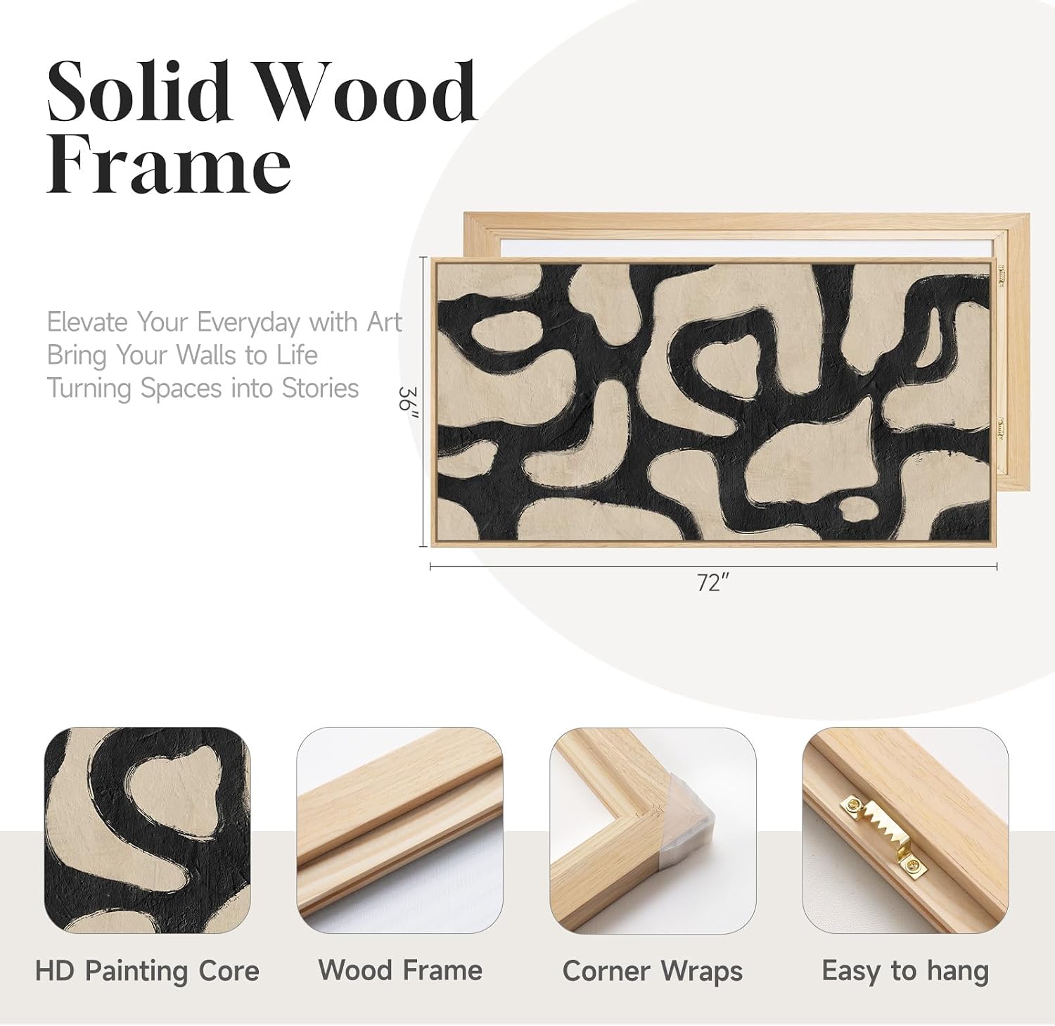 Oversized Framed Abstract Horizontal Wall Art for Living Room, Modern Neutral Black Beige Canvas Artwork for Walls, Extra Large Mid Century Paintings Print for Hallway Dining Room Wall Decor, 72x36 In