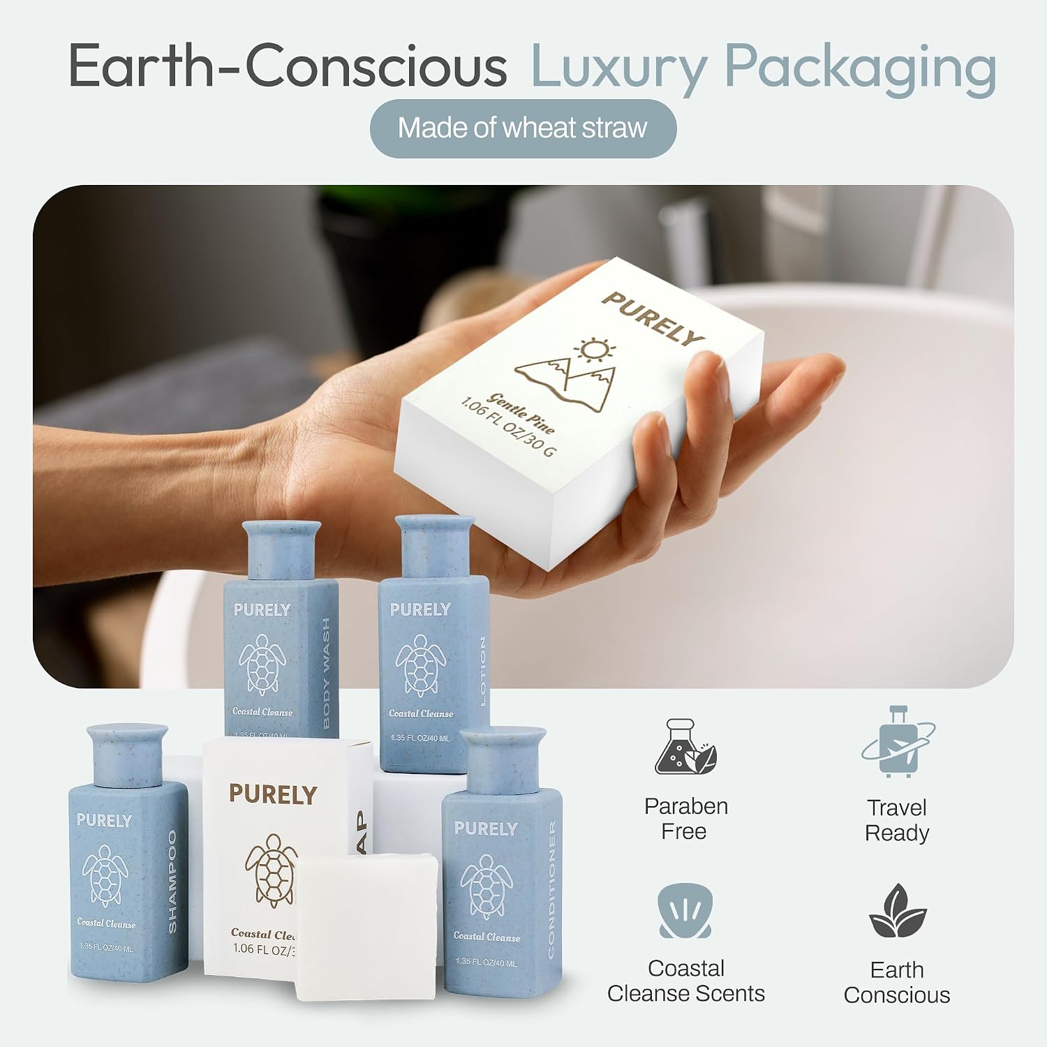 Purely | 150pc set | Hotel Soaps and Toiletries Bulk set | Airbnb Essentials for Hosts | Mini Travel Size Shampoo and Conditioner Sets | Bulk Travel Size Toiletries | Homeless Supplies Bulk