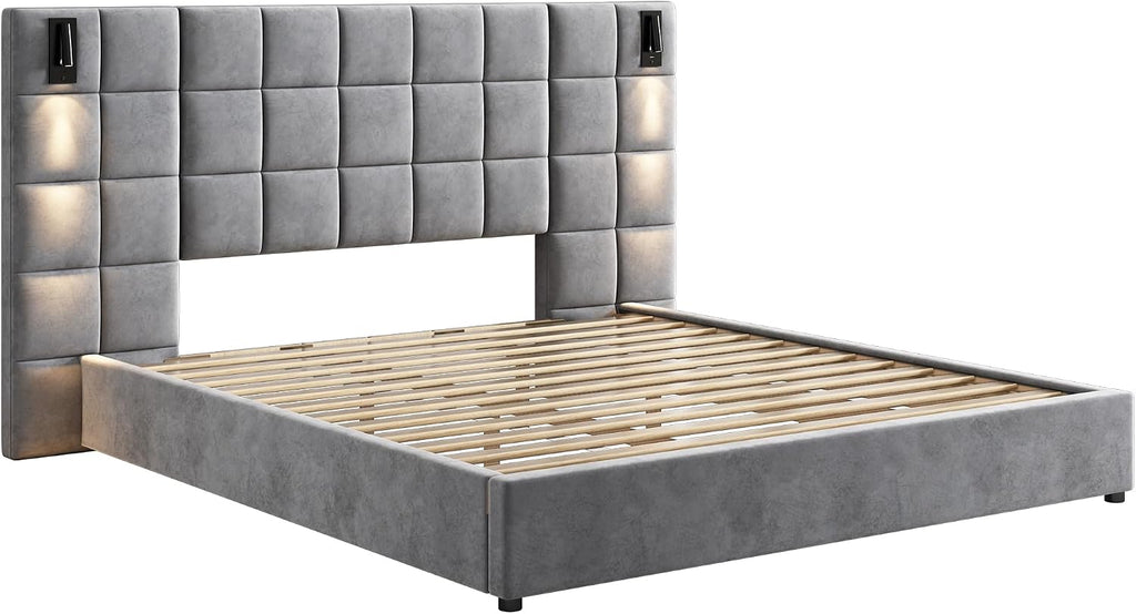 Merax Velvet Upholstered California King Size Bed Frame with Wide headboard and Small Reading Lamp with USB Port, Low Platform Bed Frame for Adults, Without Bedside Tables and Mattress, Gray