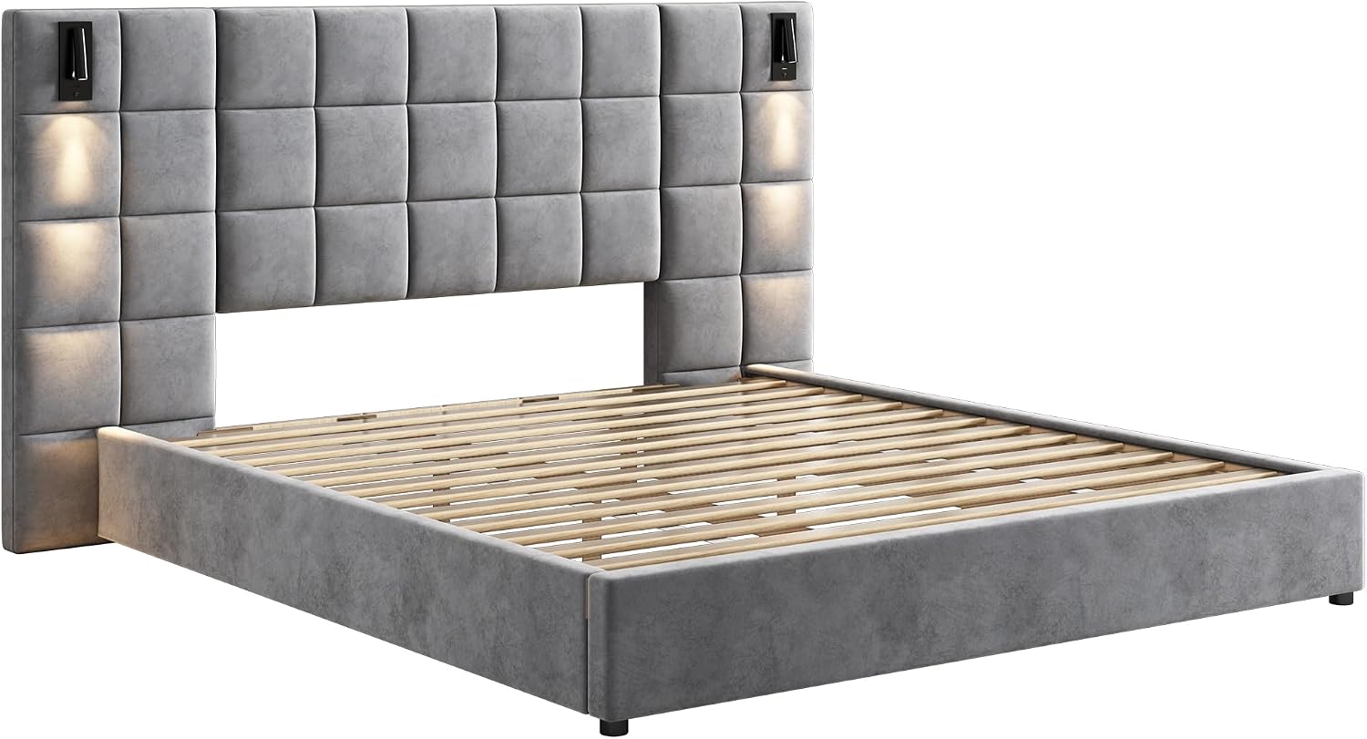 Merax Velvet Upholstered California King Size Bed Frame with Wide headboard and Small Reading Lamp with USB Port, Low Platform Bed Frame for Adults, Without Bedside Tables and Mattress, Gray
