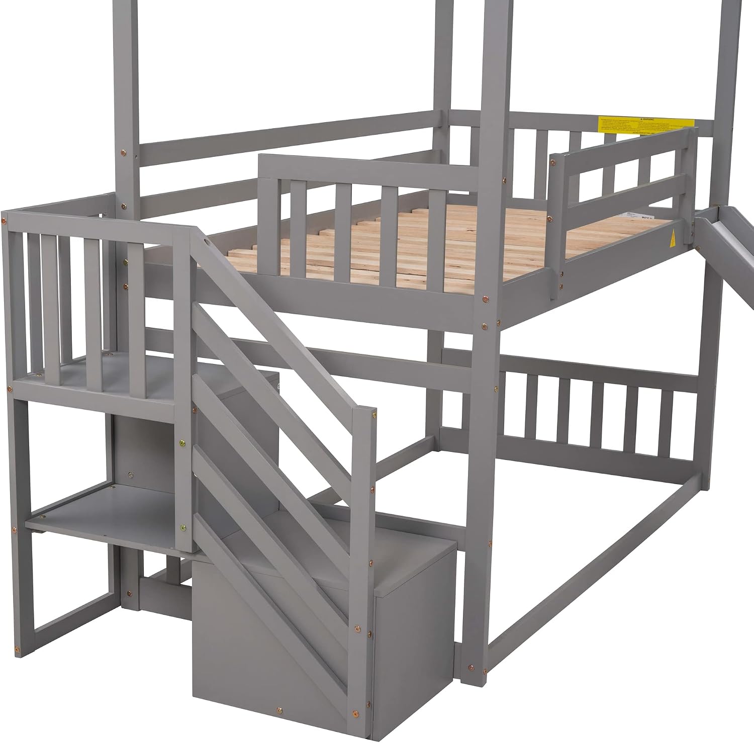 Wood House Bunk Bed for Kids Toddlers, Twin Over Twin Bunk Bed with Convertible Slide, Storage Staircase Can be Placed Left or Right, No Spring Box Required (Gray+House03)