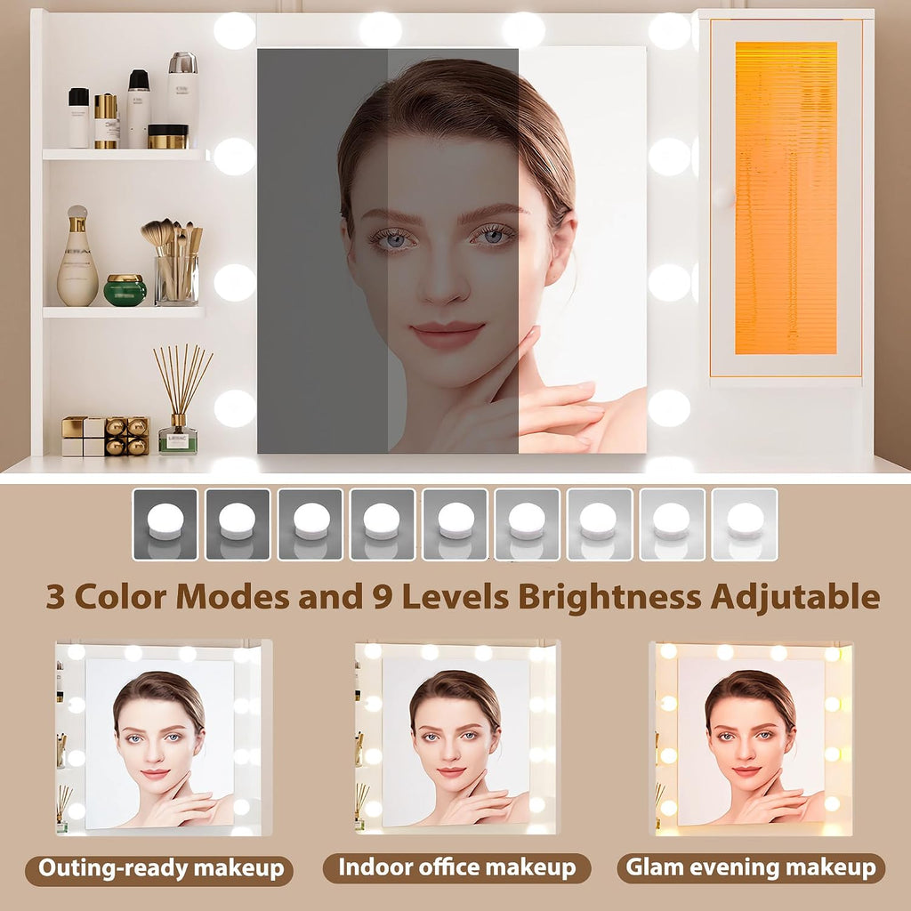 ERLEJIA Vanity Desk with Mirror and Lights, Large 43' White Makeup Vanity Desk with 9 Drawers and Power Outlet, 3 Open Shelves and 1 RGB Lighting Cabinet, White and Gold