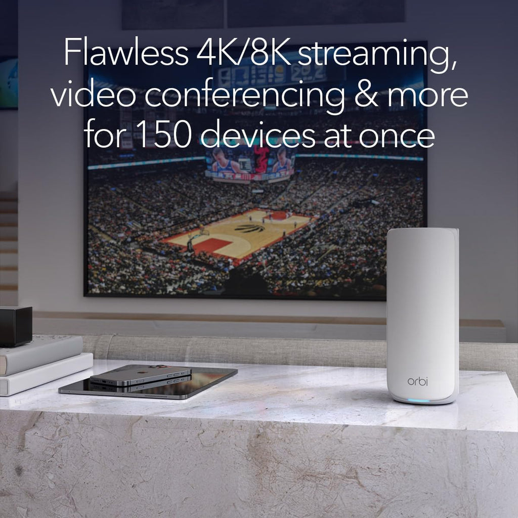 NETGEAR Orbi 870 Series Tri-Band WiFi 7 Mesh System (RBE872) - Router + 1 Satellite Extender, Security Features, Up to 21 Gbps, Covers Up to 6,000 Sq. Ft., 150 Devices, 10 Gig Internet Port, BE21000