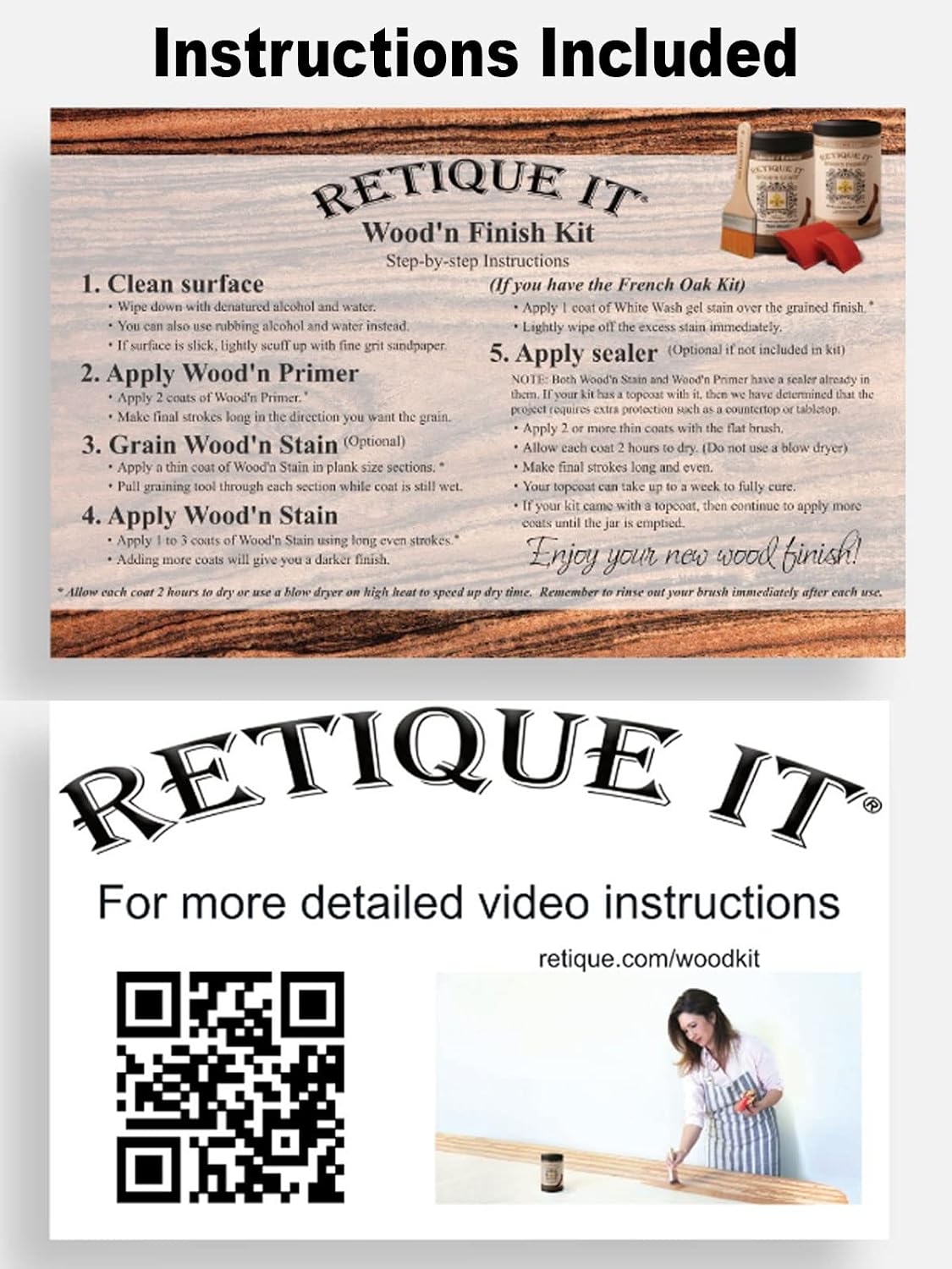 Retique It Wood Finish Multi-Purpose Kit - GO Beyond Faux Wood with Paintable Liquid Wood Based Primer and Gel Stain - Graining Tools Included (2X 16oz, Classic Black)