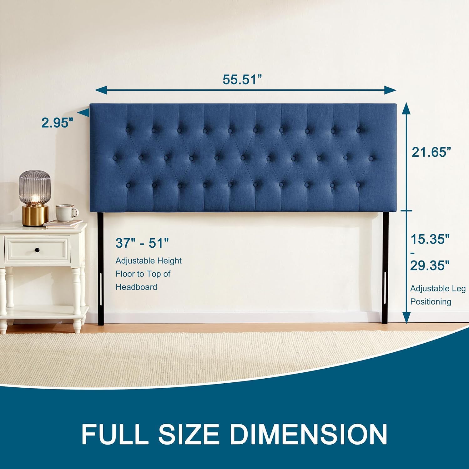 Huatean Home Tufted Upholstered Headboard Full Size, Solid Wood Head Board with Durable Metal Legs, Adjustable Height Full XL headboard from 37' to 51' Fabric Headboard in Modern Button Design, Blue