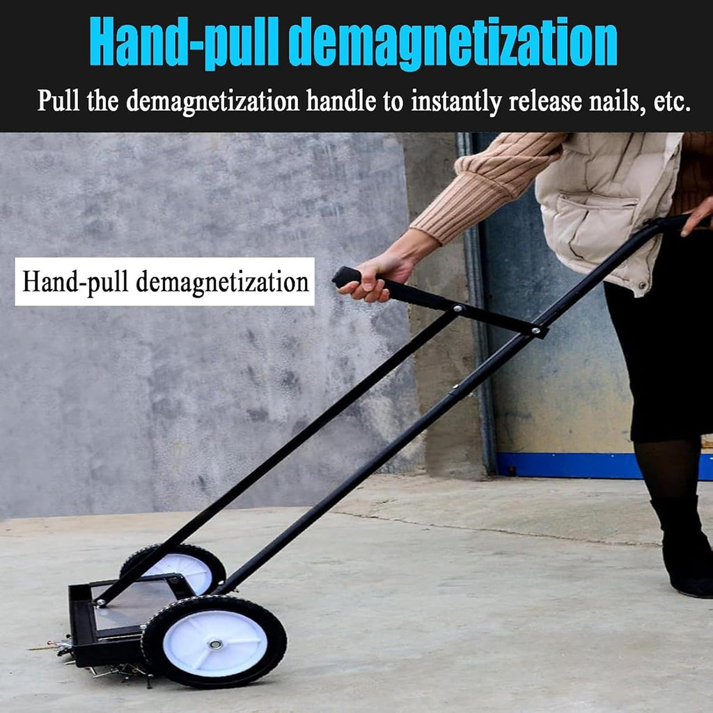 25.7' Rolling Magnetic Sweeper with Wheels, Large Magnet Pickup Lawn Sweeper, 180° No Blind Spots Pick Up, with Telescoping Handle, Can Release Metal Materials, Easy Cleanup of Workshop Garage Yard
